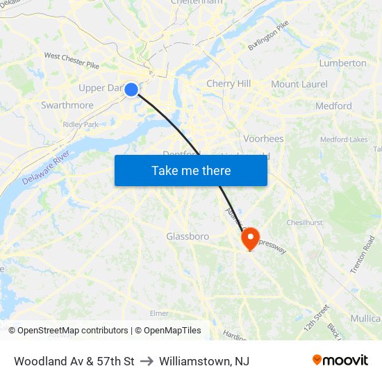 Woodland Av & 57th St to Williamstown, NJ map