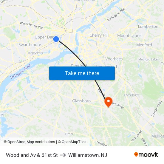 Woodland Av & 61st St to Williamstown, NJ map