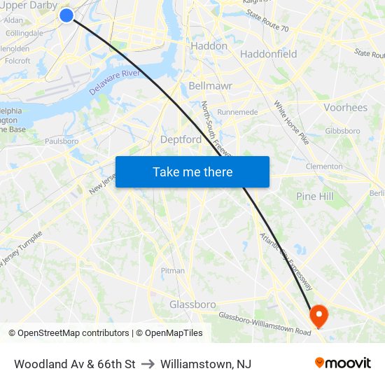 Woodland Av & 66th St to Williamstown, NJ map
