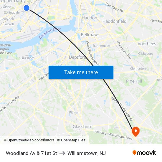 Woodland Av & 71st St to Williamstown, NJ map