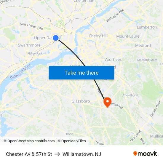 Chester Av & 57th St to Williamstown, NJ map