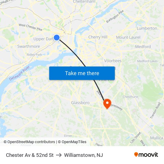 Chester Av & 52nd St to Williamstown, NJ map