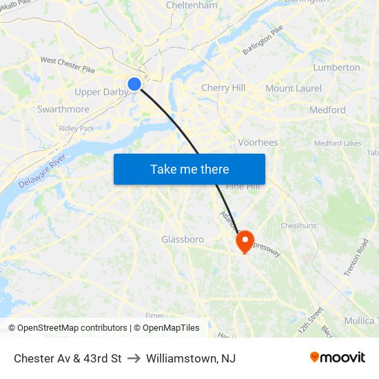Chester Av & 43rd St to Williamstown, NJ map