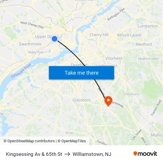 Kingsessing Av & 65th St to Williamstown, NJ map