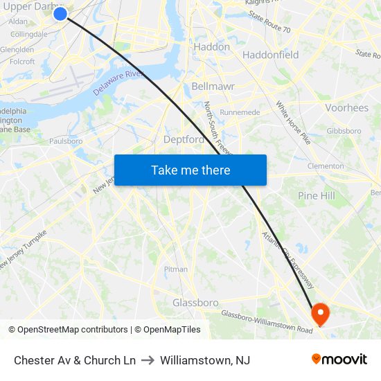 Chester Av & Church Ln to Williamstown, NJ map