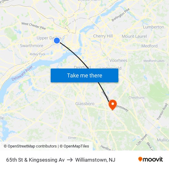 65th St & Kingsessing Av to Williamstown, NJ map