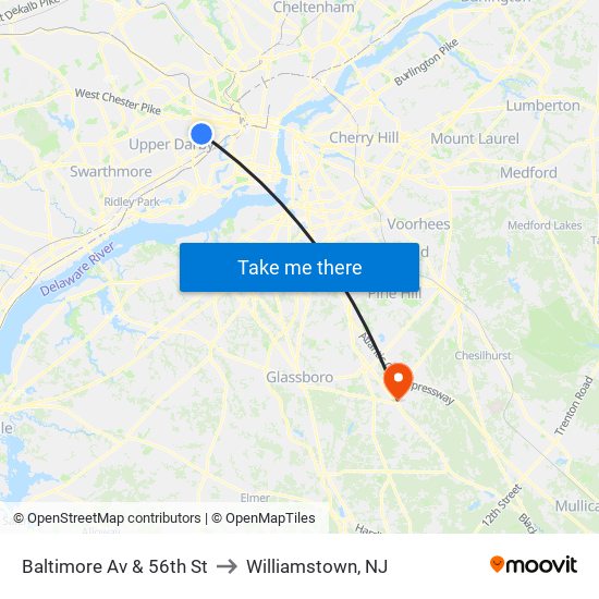 Baltimore Av & 56th St to Williamstown, NJ map