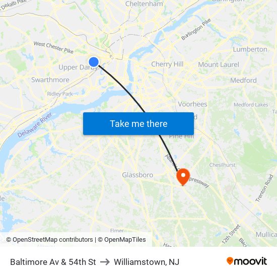 Baltimore Av & 54th St to Williamstown, NJ map