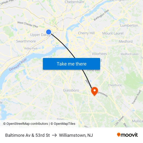 Baltimore Av & 53rd St to Williamstown, NJ map