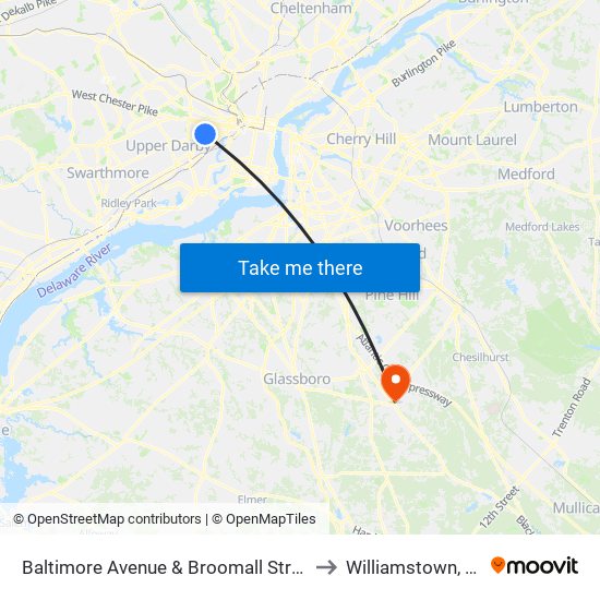 Baltimore Avenue & Broomall Street to Williamstown, NJ map