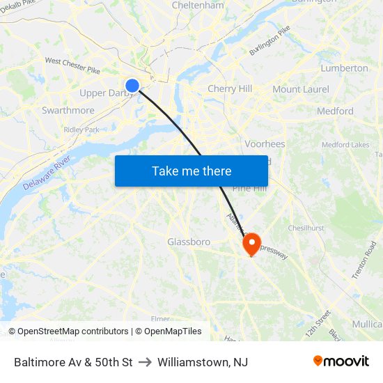 Baltimore Av & 50th St to Williamstown, NJ map