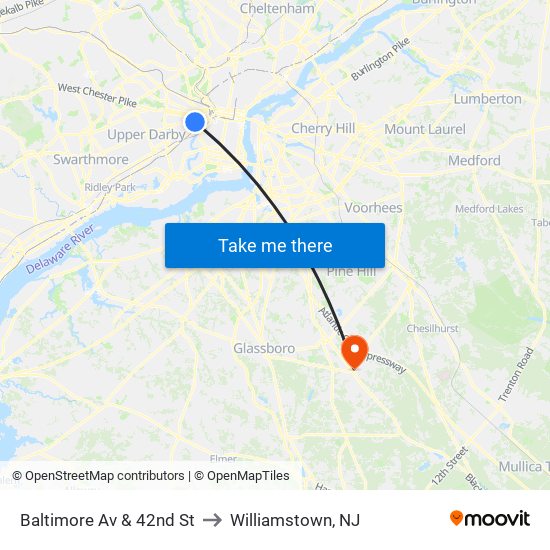 Baltimore Av & 42nd St to Williamstown, NJ map