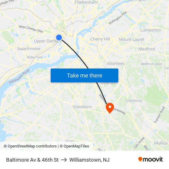 Baltimore Av & 46th St to Williamstown, NJ map