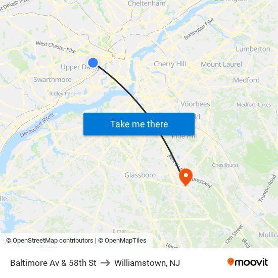 Baltimore Av & 58th St to Williamstown, NJ map