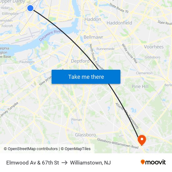 Elmwood Av & 67th St to Williamstown, NJ map