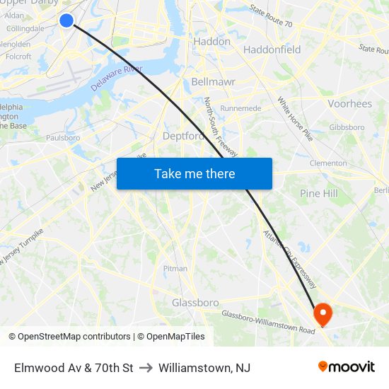 Elmwood Av & 70th St to Williamstown, NJ map