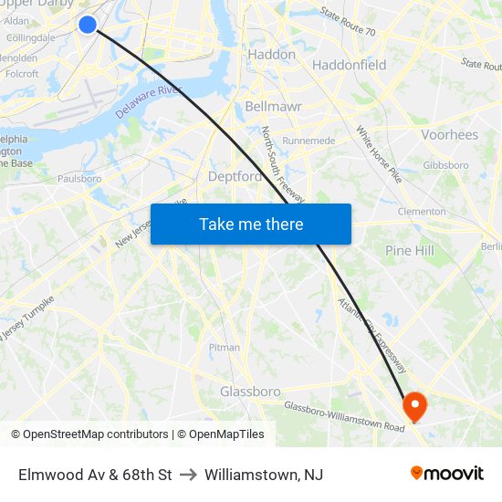 Elmwood Av & 68th St to Williamstown, NJ map