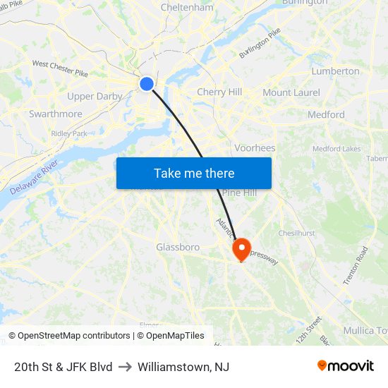 20th St & JFK Blvd to Williamstown, NJ map