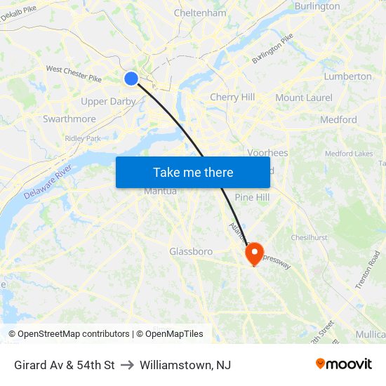 Girard Av & 54th St to Williamstown, NJ map