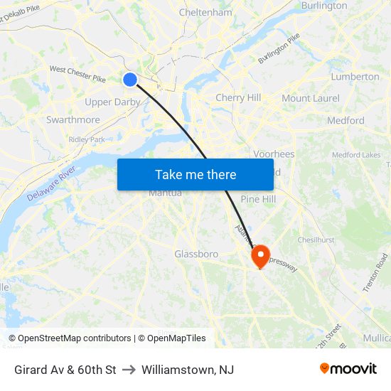 Girard Av & 60th St to Williamstown, NJ map