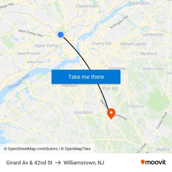 Girard Av & 42nd St to Williamstown, NJ map