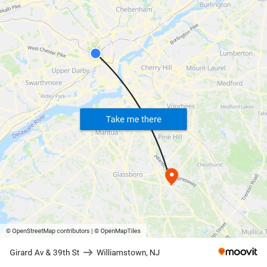 Girard Av & 39th St to Williamstown, NJ map