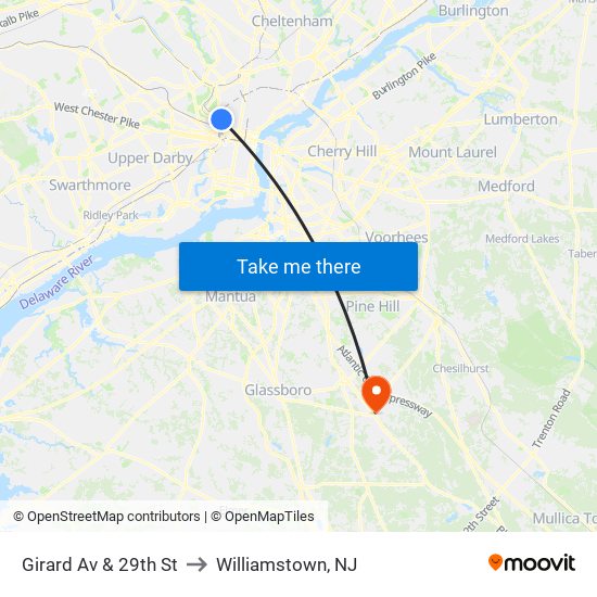 Girard Av & 29th St to Williamstown, NJ map
