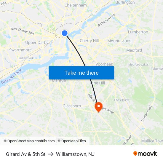Girard Av & 5th St to Williamstown, NJ map