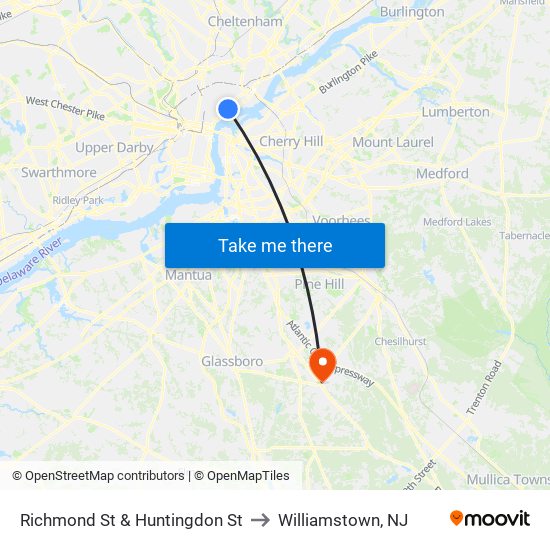 Richmond St & Huntingdon St to Williamstown, NJ map