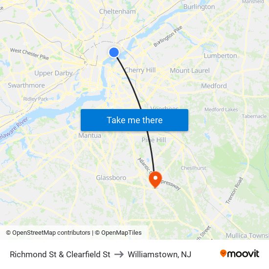 Richmond St & Clearfield St to Williamstown, NJ map