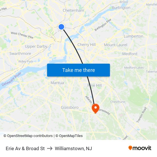 Erie Av & Broad St to Williamstown, NJ map