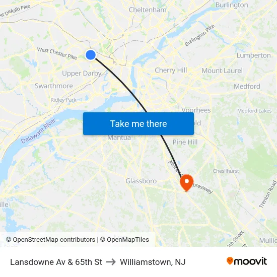 Lansdowne Av & 65th St to Williamstown, NJ map