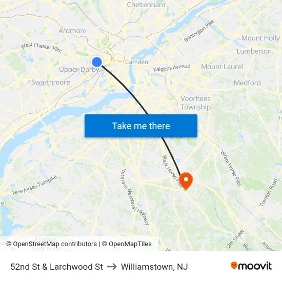 52nd St & Larchwood St to Williamstown, NJ map