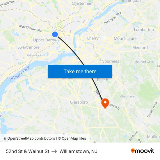 52nd St & Walnut St to Williamstown, NJ map