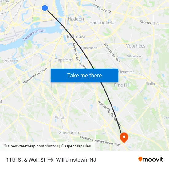 11th St & Wolf St to Williamstown, NJ map