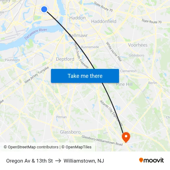 Oregon Av & 13th St to Williamstown, NJ map