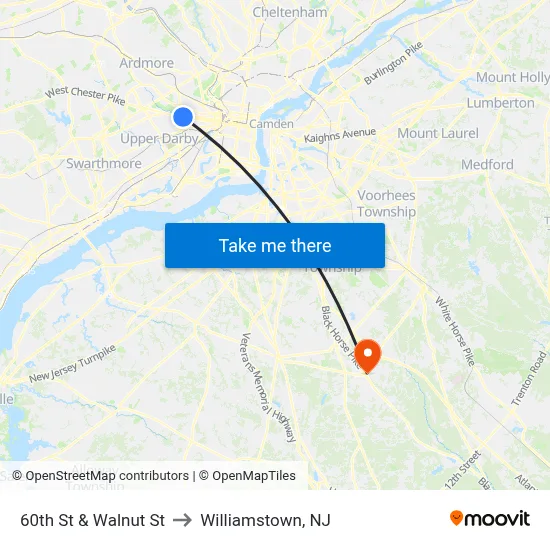 60th St & Walnut St to Williamstown, NJ map