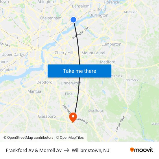 Frankford Av & Morrell Av to Williamstown, NJ map