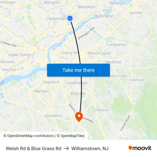 Welsh Rd & Blue Grass Rd to Williamstown, NJ map