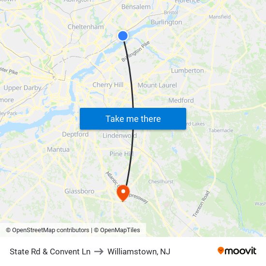 State Rd & Convent Ln to Williamstown, NJ map