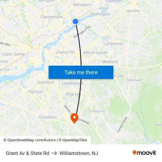 Grant Av & State Rd to Williamstown, NJ map