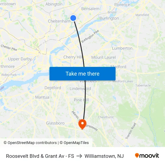 Roosevelt Blvd & Grant Av - FS to Williamstown, NJ map