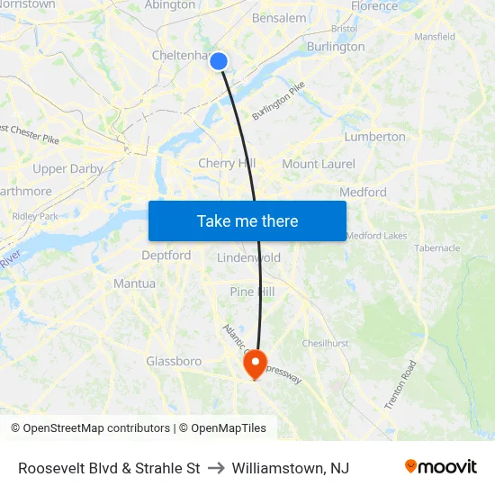 Roosevelt Blvd & Strahle St to Williamstown, NJ map