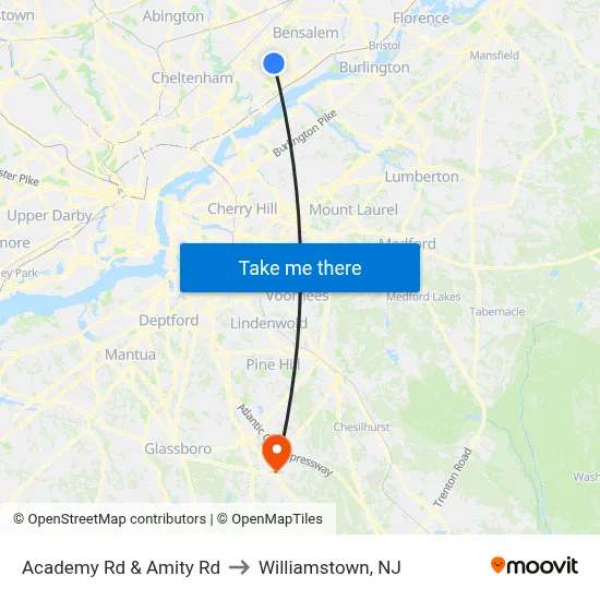 Academy Rd & Amity Rd to Williamstown, NJ map