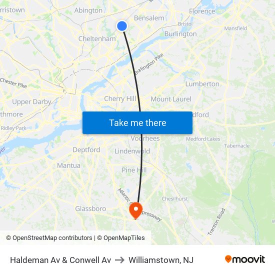 Haldeman Av & Conwell Av to Williamstown, NJ map