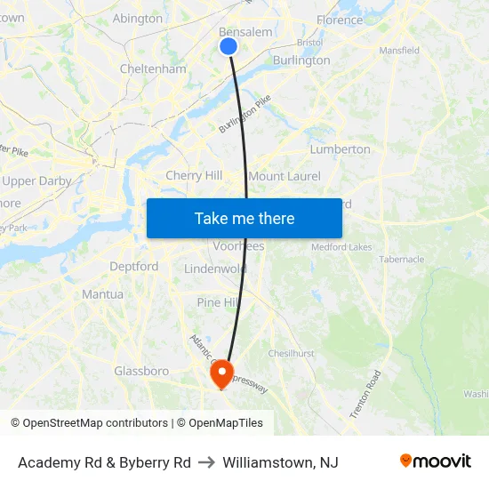 Academy Rd & Byberry Rd to Williamstown, NJ map