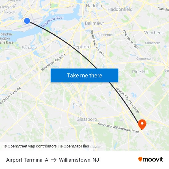 Airport Terminal A to Williamstown, NJ map