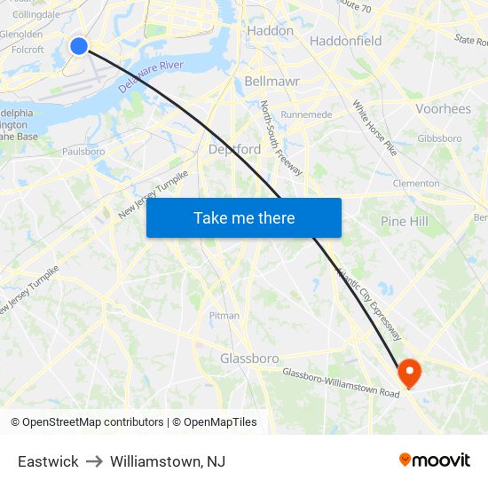 Eastwick to Williamstown, NJ map