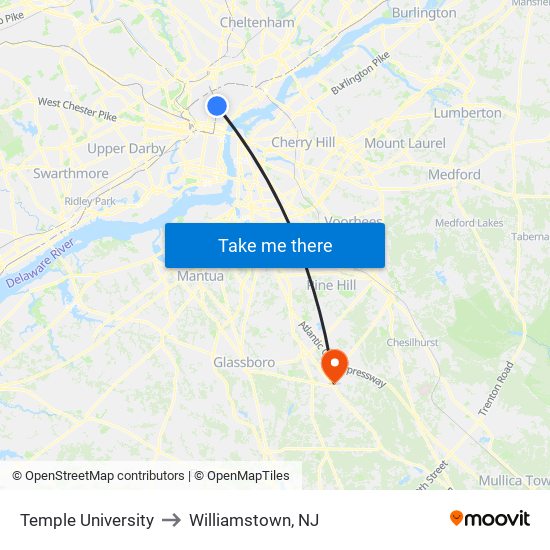 Temple University to Williamstown, NJ map