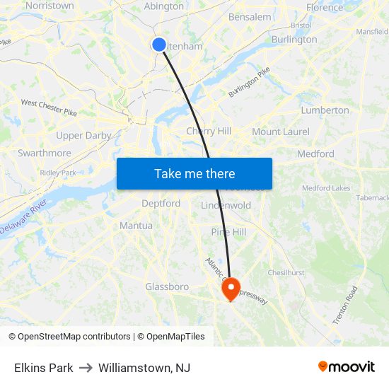 Elkins Park to Williamstown, NJ map